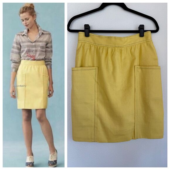 Anthro Cartonnier Well Pocket Contrast Stitch Textured Pencil Skirt in Yellow 6 - Picture 1 of 10